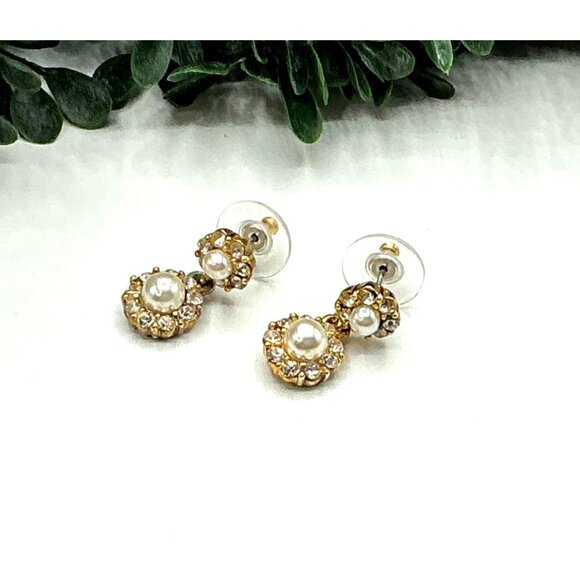 Vintage Gold-Tone Faux Pearl and Rhinestone Dangle Earrings - Picture 3 of 8